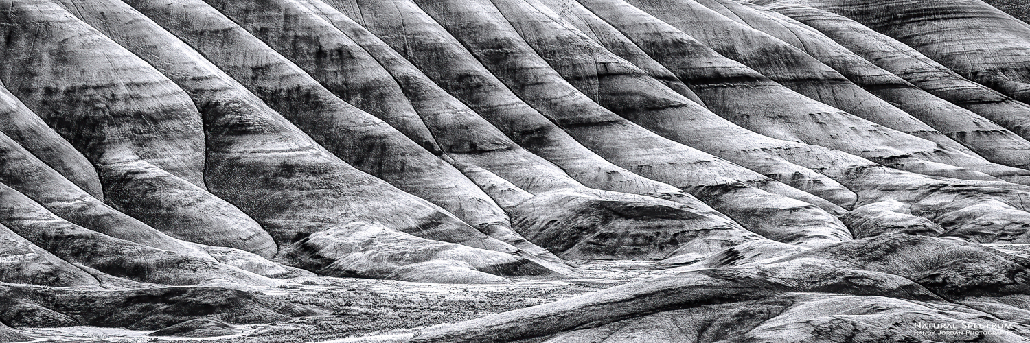 A monochrome interpretation of the Painted Hills, John Day Fossil Beds National Monument.